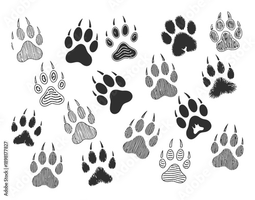 Collection of Hand-Drawn Animal Paw Prints in Various Styles