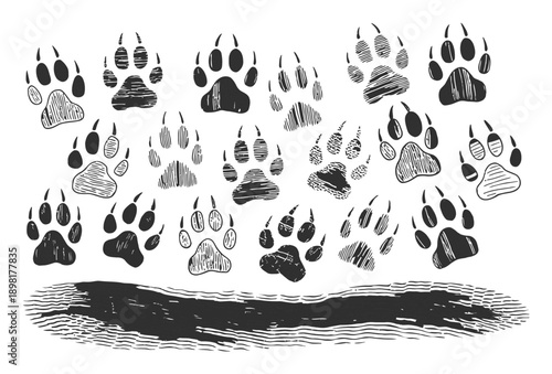 Collection of Hand-Drawn Animal Paw Prints in Various Styles