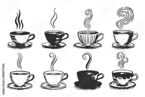 Collection of Hand-Drawn Coffee Cups with Steaming Aroma