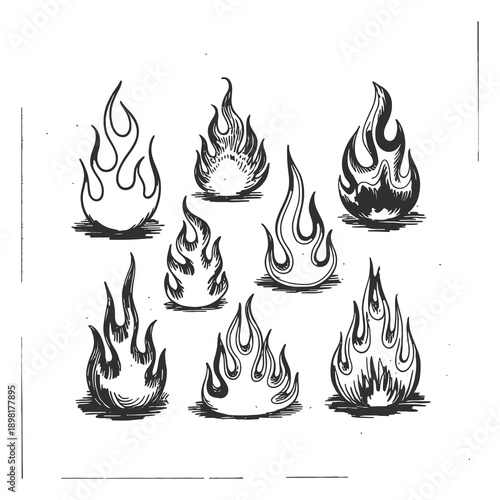 Collection of Hand-Drawn Flame in Black and White