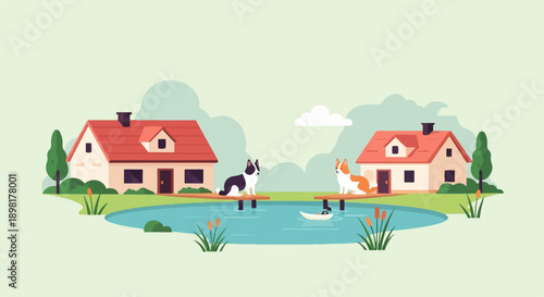 Two dogs on docks by houses and a pond with a duck