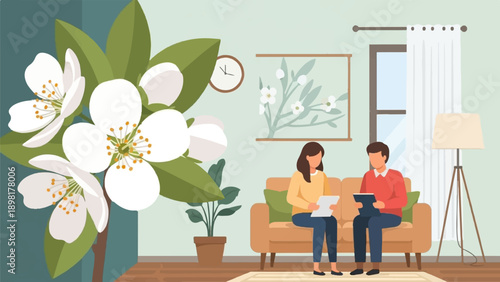 Two people discuss papers on a sofa with flowers and a lamp nearby