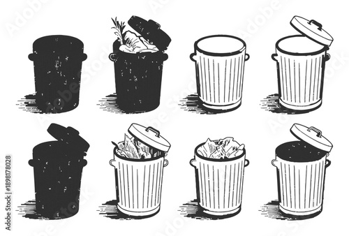Collection of Trash Cans: Silhouettes and Line