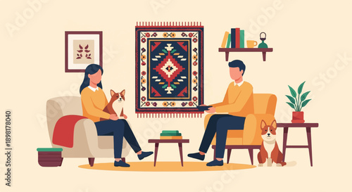 Two people and two corgis relax indoors with a rug and artwork