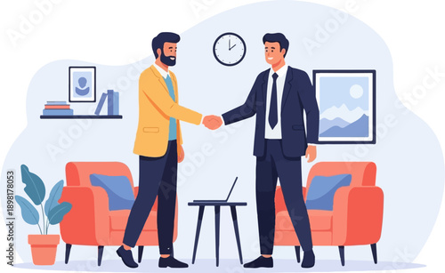 Two men in an office shaking hands over a deal