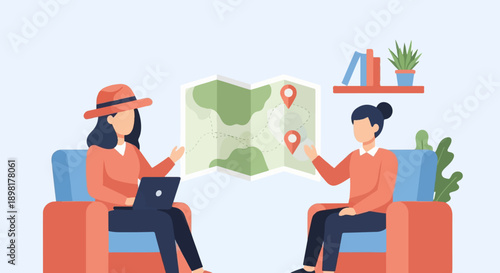 Two people discussing a map with location pins, one with a laptop