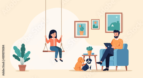 Two people and two dogs in a cozy room with artwork and plants