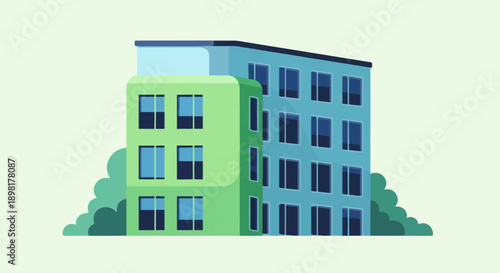 Two modern buildings with green and blue facades stand behind lush green bushes