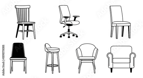 Collection of diverse chair illustrations on white background.