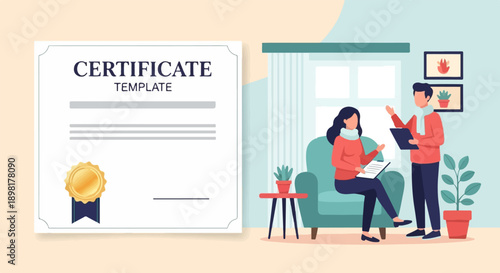 Two people discussing a certificate template in a cozy indoor setting