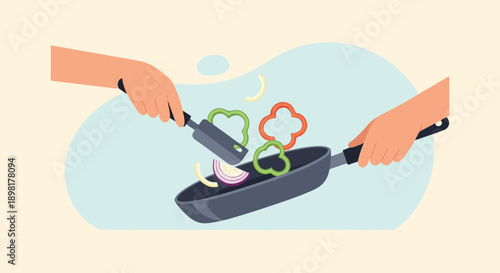Two hands prepare vegetables in a frying pan for cooking