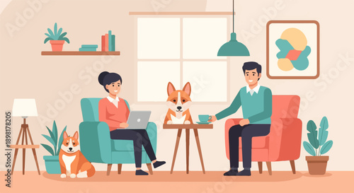 Two people and two dogs relaxing in a cozy room with furniture and plants