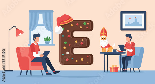 Two men in cozy room with large letter E, cat, and festive decor