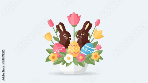 Two chocolate bunnies with colorful Easter eggs and tulips in a white vase