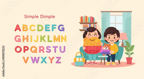 Two children with a pop-it toy and a stuffed animal, alphabet displayed