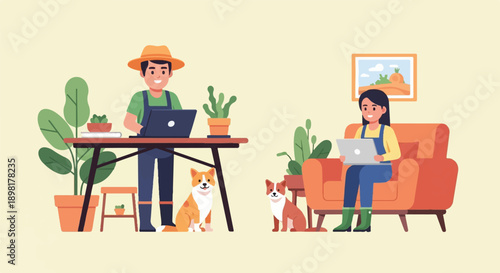Two people and two dogs working on laptops in a bright room