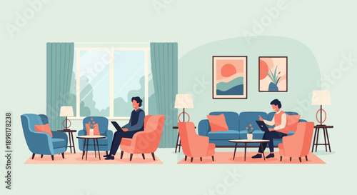 Two men working on laptops in cozy living rooms with abstract art