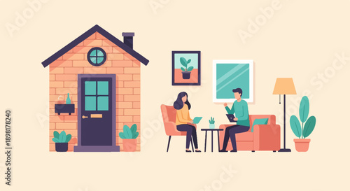 Two people discussing work near a brick house with plants