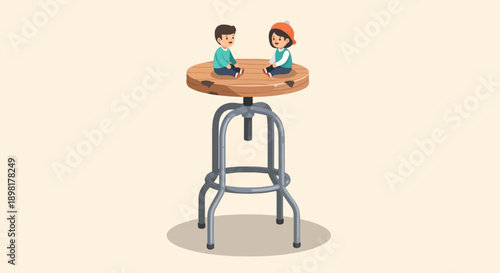 Two children sitting on a wooden bar stool