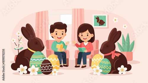 Two children sitting in chairs with books, Easter eggs, and chocolate bunnies