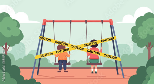Two children on swings are taped off with yellow caution tape in a park