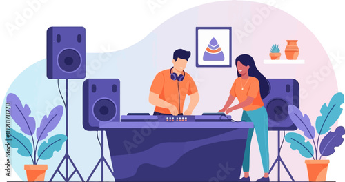 Two people DJing with speakers and plants in a vibrant, modern setting