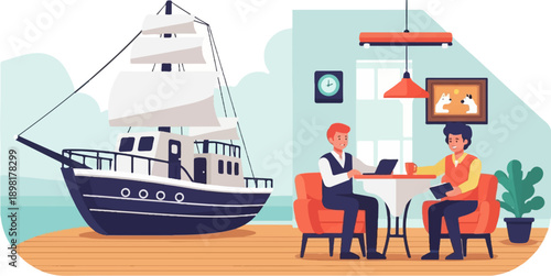 Two men working at a table with a laptop and coffee next to a boat