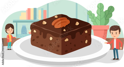 Two children admire a large chocolate brownie with pecans on a plate