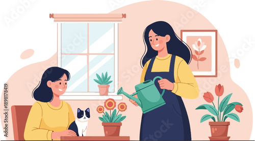 Two females and a cat tending to houseplants indoors near a window