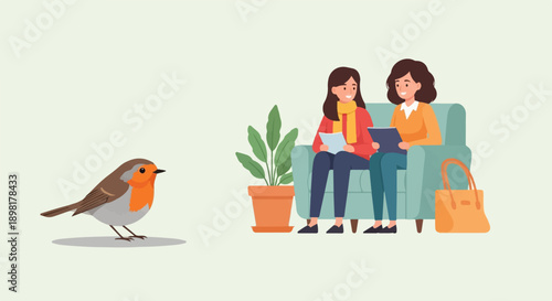 Two females relax indoors with a robin nearby