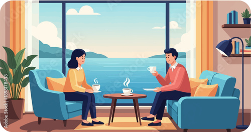 Two people enjoy hot beverages while seated in comfortable chairs by a scenic window