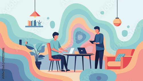 Two men work on laptops in a colorful, abstract interior setting