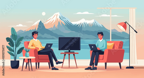 Two men work on laptops from comfortable chairs with scenic mountain and lake views