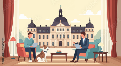 Two men work on laptops at home with a dog and a large building view