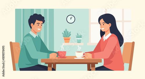 Two people enjoy hot drinks and conversation at a table