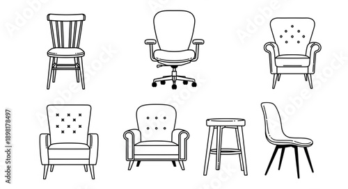 Collection of various chair illustrations in black and white.