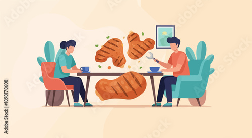 Two people at a table, enjoying grilled steaks and coffee