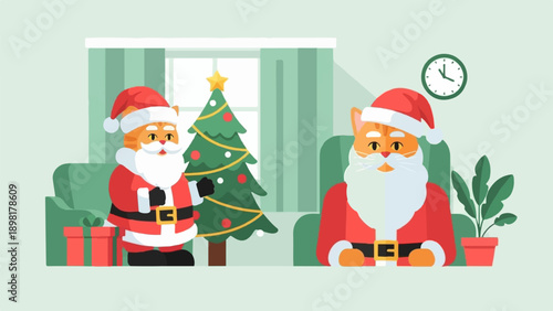 Two cats dressed as Santa Claus sit indoors near a Christmas tree