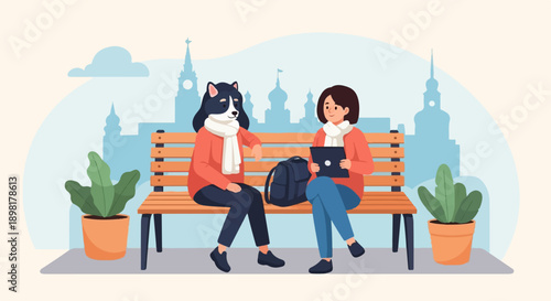 Two figures, one a dog, sit on a bench with a city skyline