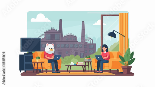 Two figures, one a person, one a bear, work on laptops in a room with factory view