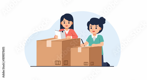 Two cartoon women packing boxes for shipment with organized detail