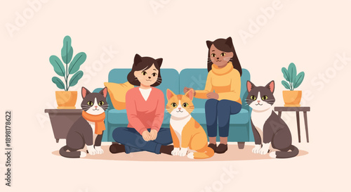 Two cat-eared girls relax with their feline companions on a sofa