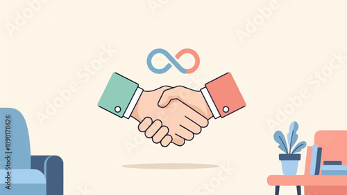 Two hands shaking, representing a deal, with an infinity symbol above