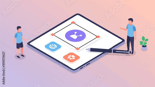 Two figures interact with a large tablet displaying design interface elements