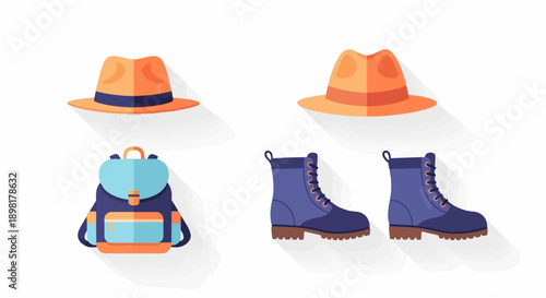 Two hats, a backpack, and two boots are arranged on a white background