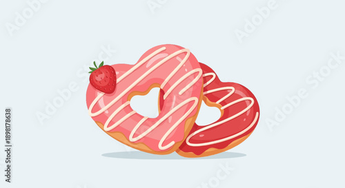 Two heart-shaped donuts, one with a strawberry, on a light blue background