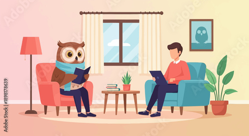 Two figures, one an owl, sit in chairs reading in a room
