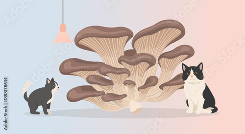 Two cats and a bunch of mushrooms under a lamp