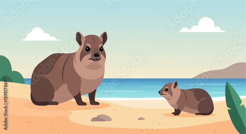 Two cartoon hyraxes are sitting on a sandy beach near the ocean