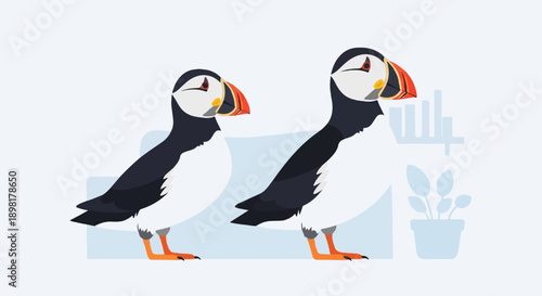 Two cartoon puffins stand in an abstract, minimalist indoor setting